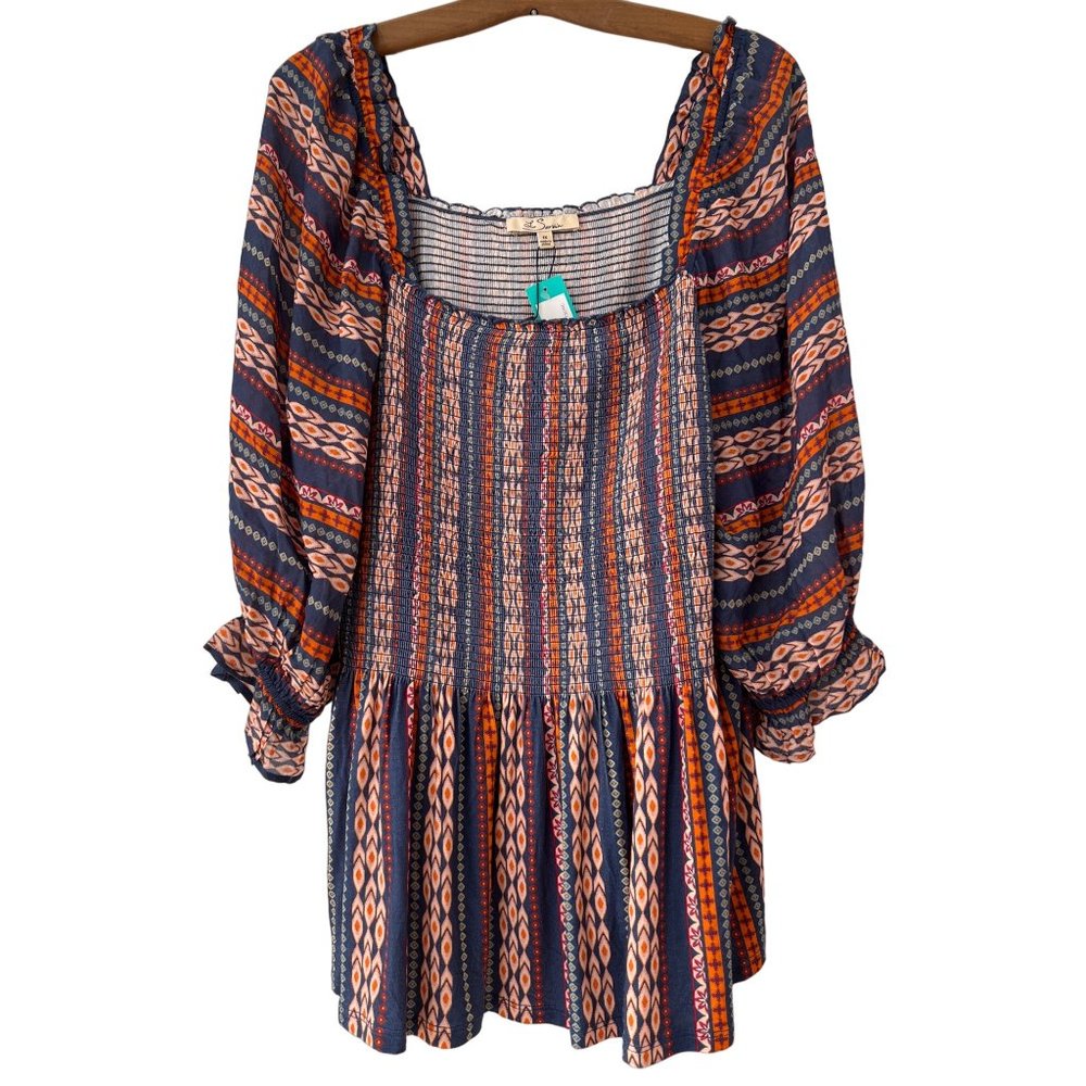 Les Serein Bourges Smocked Knit Top Womens 1X Indigo Rayon Blend Boho Hippie NEW - Picture 2 of 11